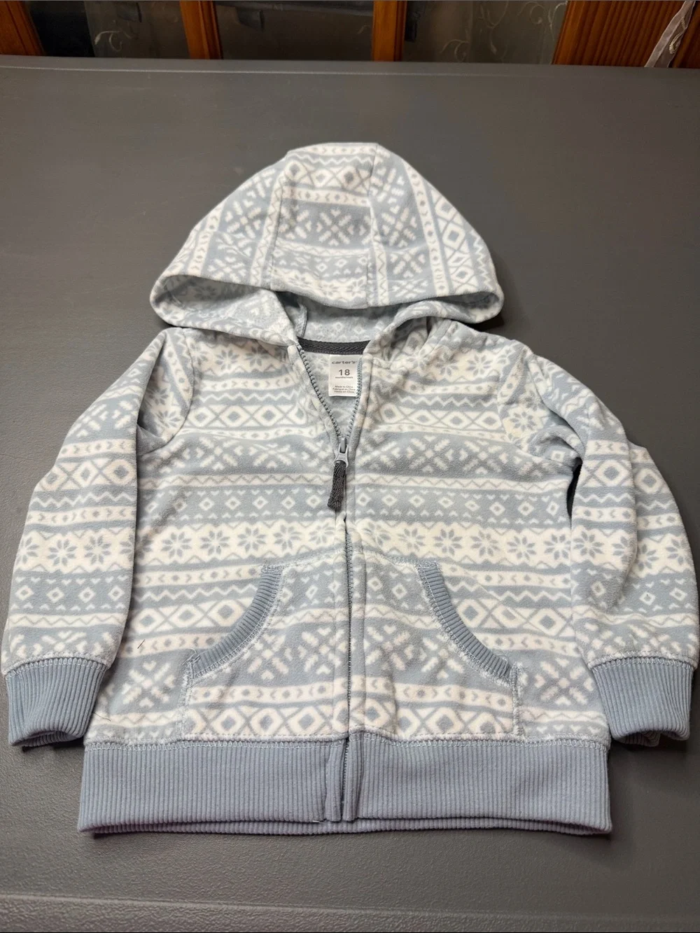 Carter’s Fleece Hooded Zip-Up - Light Blue & White. Size: 18M